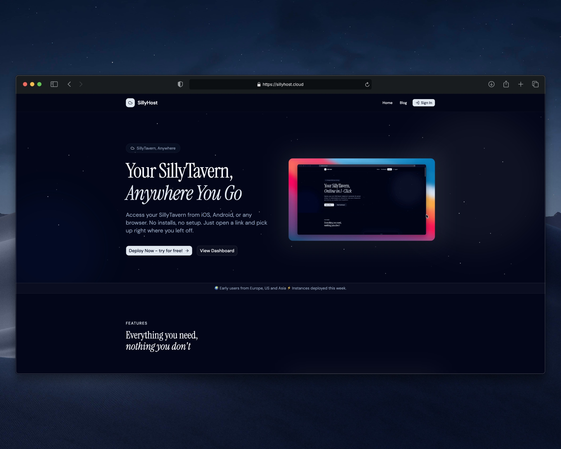 SillyHost landing page in a browser: Your SillyTavern, anywhere you go